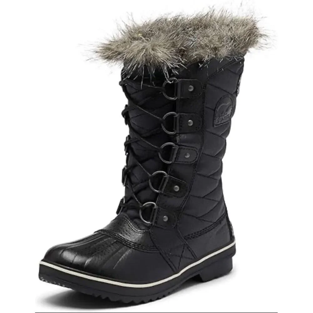 Sorel Tofino Cafe Women Black Canvas Waterproof Faux Fur Winter Duck Boots Size